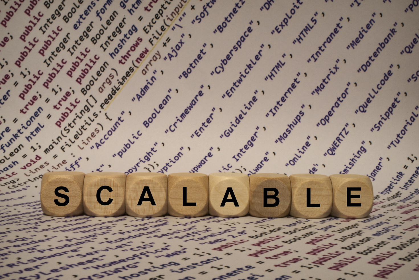 scalable - cube with letters and words from the computer, software, internet categories, wooden cubes